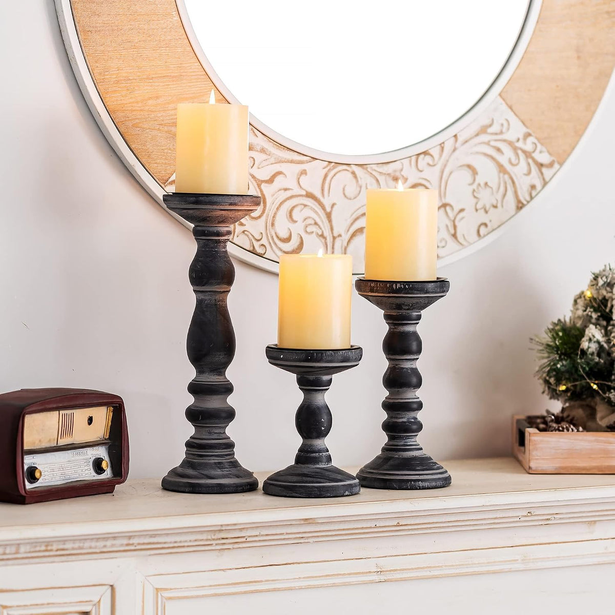 Wood Pillar Candle Holder: Rustic Distressed Black Candle Stand