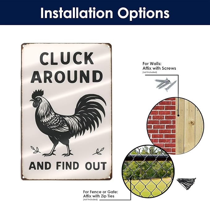 Funny Chicken Tin Sign - “Cluck Around and Find Out” Farmhouse Wall Decor for Kitchen, Coop, Garden - 8x12 inch Rustic Metal Gift