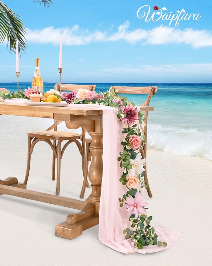 Waipfaru 2Pcs Artificial Flower Garland Decorations, 12.14Ft Eucalyptus Greenery Vines with Pink Roses for Wedding Table Runner Centerpieces Backdrop Room Decor (Pink)