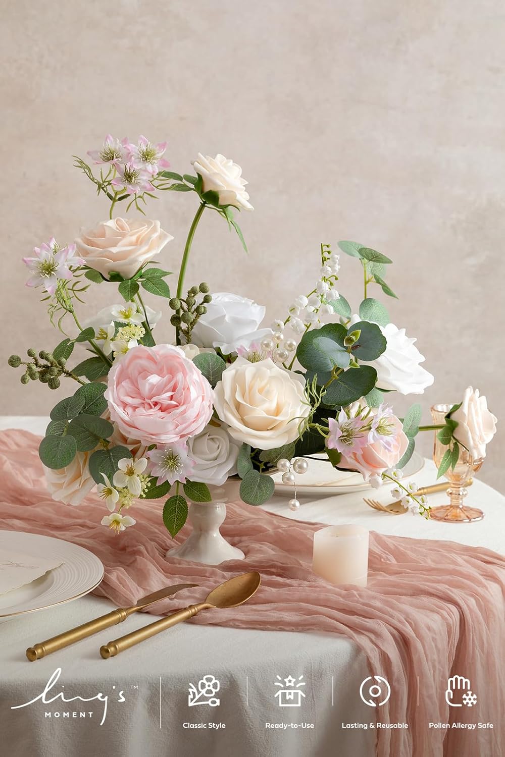 Ling's moment Fake Flowers Box, Faux Artificial Greenery Stems Foam Roses Silk Peony Eucalyptus Fabic Flower for Centerpieces Bouquet Wedding Vase Floral Decorations, Cream & Blush, Deluxe Combo