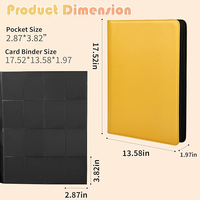 Premium 1000+ Pockets Trading Card Binder, 16-Pocket Ringless Side-Loading Album for TCG, MTG, Lorcana, Sports & Standard-Size Cards (Yellow)