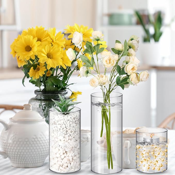 Nuogo 36 Pcs Plastic Cylinder Vases Tall Clear Flower Vases for Centerpieces Hurricane Candle Holder for Home Wedding Office Party Formal Dinners Decorations (4''/6''/8'')