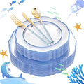 Liacere 150PCS Clear and Blue Plastic Plates-Clear and Blue Disposable Plates with Glitter Bamboo Handle Cutlery-60 Baroque Elegant Plates, 30 Forks, 30 Spoons, 30 Knives for Wedding＆Back to School