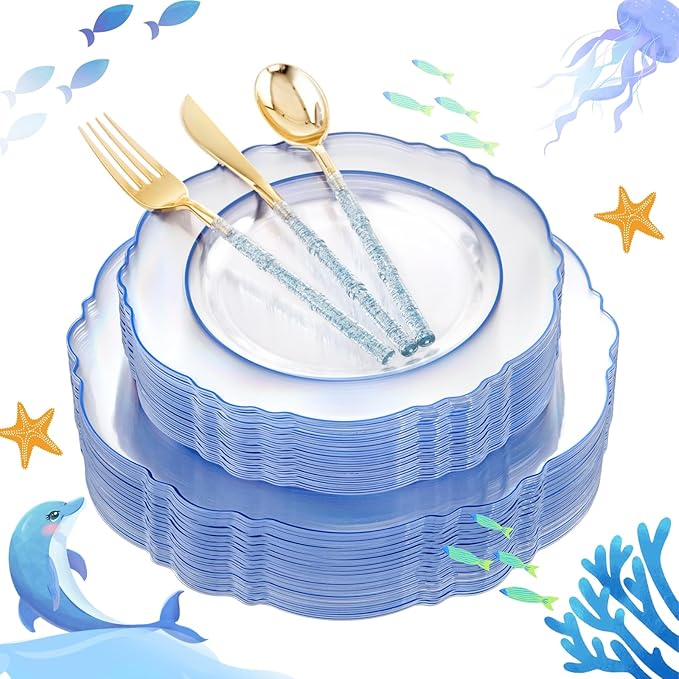 Liacere 150PCS Clear and Blue Plastic Plates-Clear and Blue Disposable Plates with Glitter Bamboo Handle Cutlery-60 Baroque Elegant Plates, 30 Forks, 30 Spoons, 30 Knives for Wedding＆Back to School