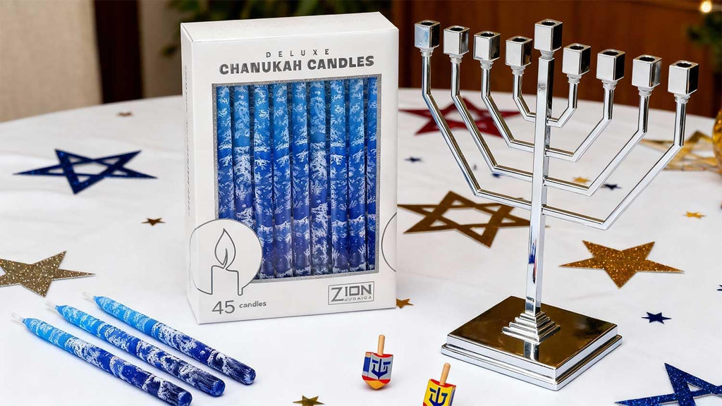 Premium Hanukkah Candles Set of 45 Frosted Multi Blue Winter Holidays Theme Candles 1-Hour Thin Tapered for All Hanukah Nights with DIY Dreidel & Chanukah Candle Lighting Blessings