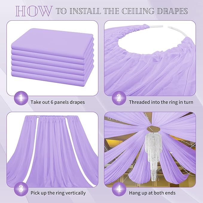 6 Panels Lavender Ceiling Drapes for Wedding 5ftx20ft Chiffon Fabric Arch Draping Curtains Sheer Drapery for Party Ceremony Birthday Baby Shower Reception Stage Swag Ceiling Decorations