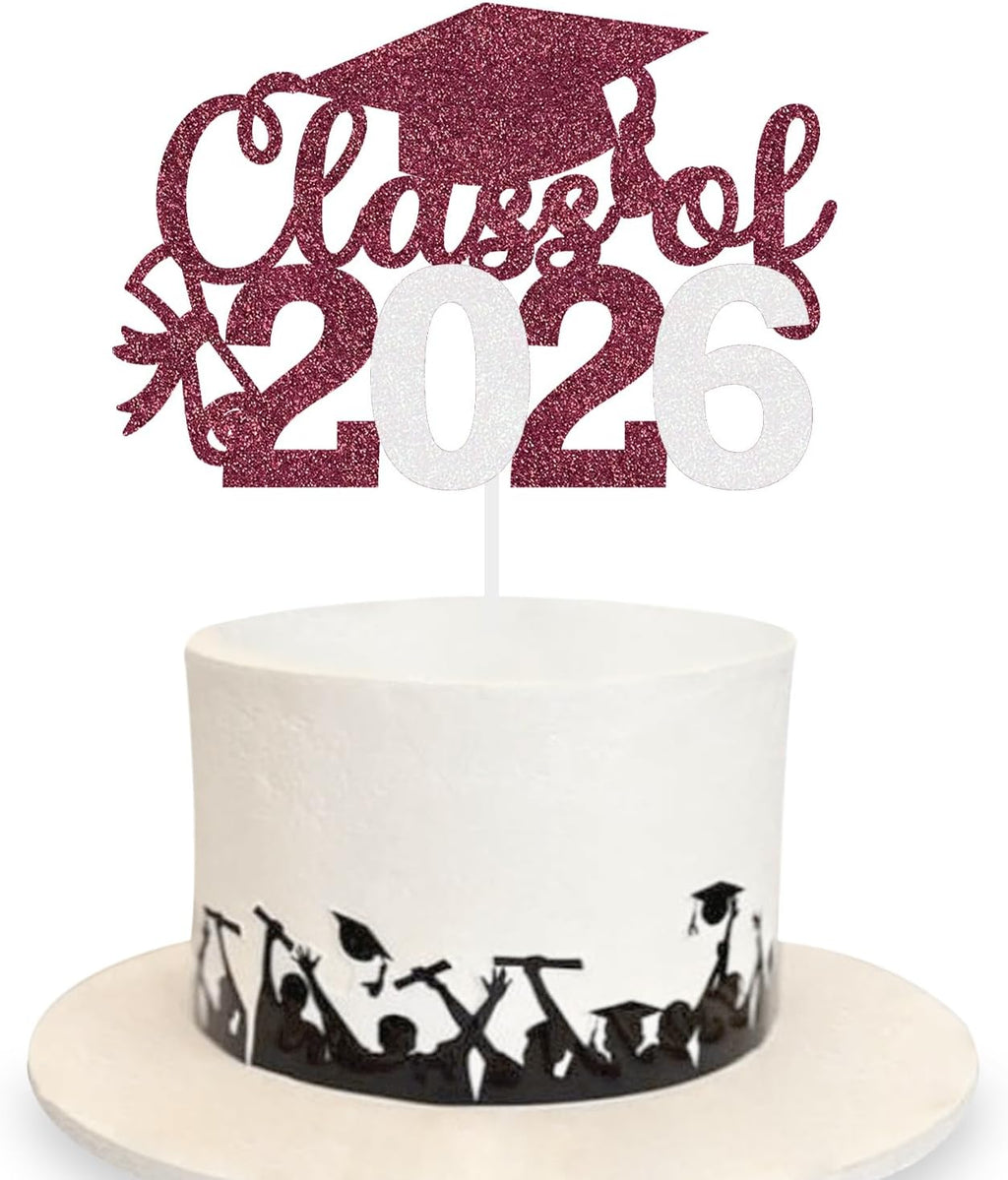 Graduation Cake Topper 2026 Grad Party Decoration Glitter Cap Diploma Food Picks Table Ideas Maroon White