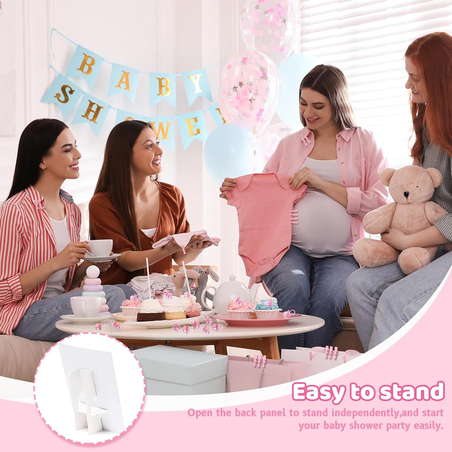 Don't Say Baby Shower Clothespin Game for Girl Includes 8x11 Standing Sign, 60 Mini Pink Clothes Pin, 60 Mini Pacifiers