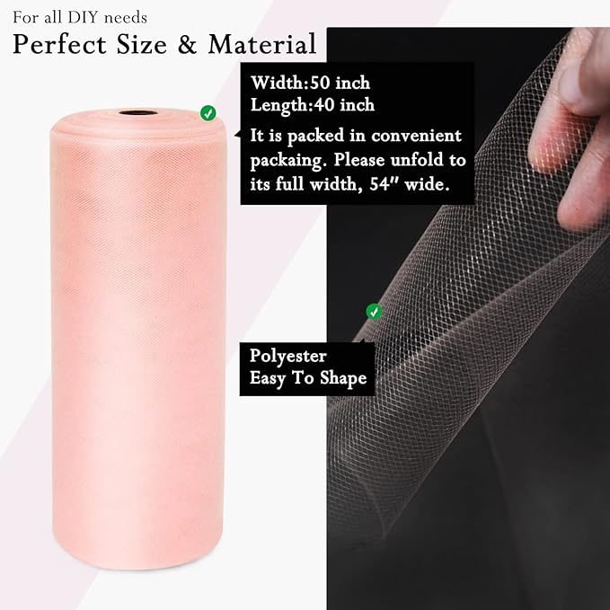 Blush Tulle Fabric Rolls 54 Inch by 40 Yards Tulle Bolt Spool for Wedding Decorations DIY Tutu Baby Shower Table Skirt Ceiling Decor Birthday Party Craft Supplies