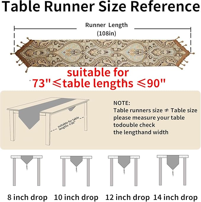 Luxury Vintage Design Table Runners 108 inches long Embroidery Jacquard Fabric with Multi-Tassels table runners for Dining Room Dresser Wedding holiday Party fireplace Decorations (Coffee, 12X108inch)