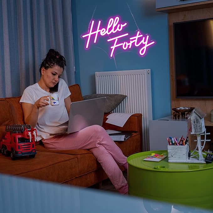 Hello Forty Neon Sign 40th Birthday Dimmable Neon Sign Pink Letters Neon Lights For Bedroom Decor USB Hanging Sign For Home Apartment Office Beauty Salon Decor