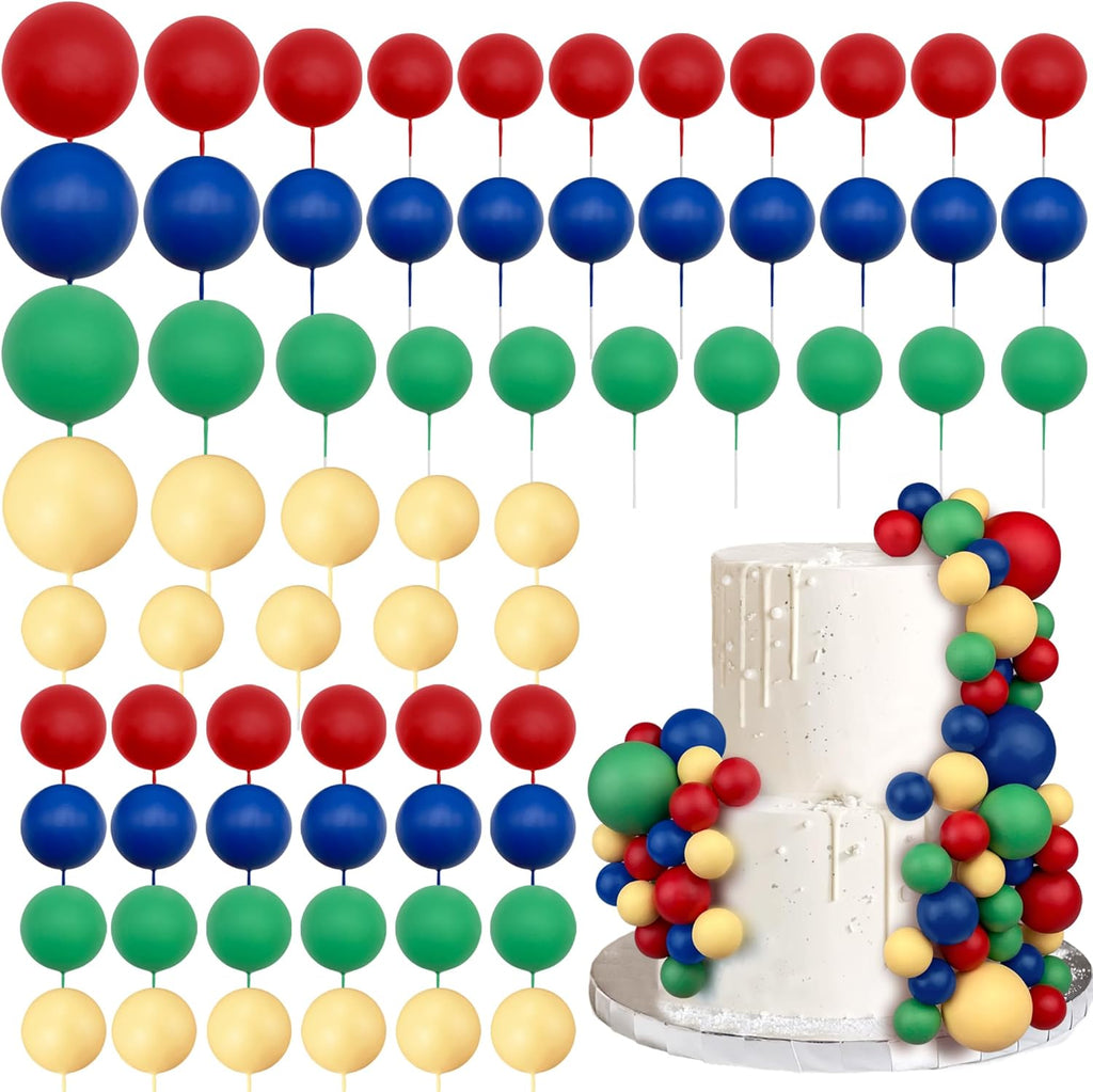 66 PCS Ball Cake Picks Red Blue Yellow Green 4 Sizes for DIY Baking Decoration Cupcake Toppers and Wedding Anniversary Birthday