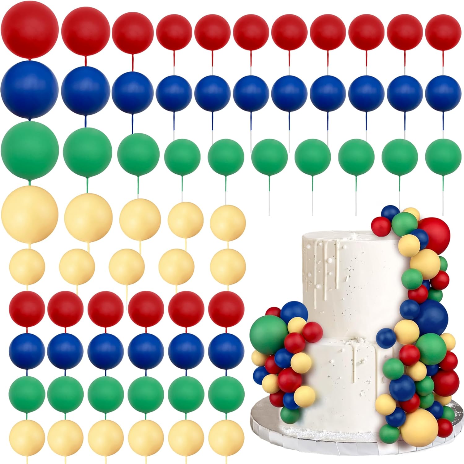 66 PCS Ball Cake Picks Red Blue Yellow Green 4 Sizes for DIY Baking Decoration Cupcake Toppers and Wedding Anniversary Birthday