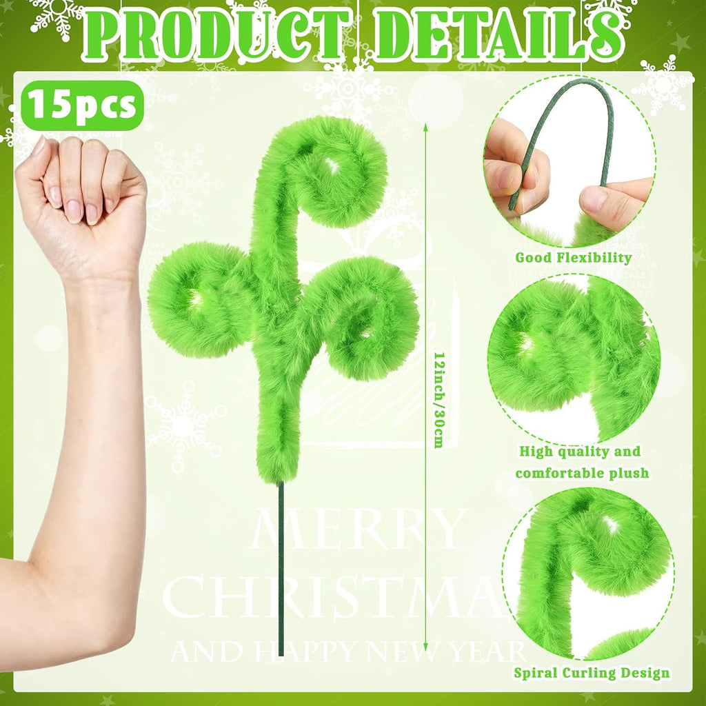 Daifunli 15 Pcs Christmas Tree Topper 12 Inch Tree Decorations Lime Green Furry Christmas Picks Furry Spiral Curly Picks Sprays Topper for Filler Wreath Vase Filler Branches Home Decor