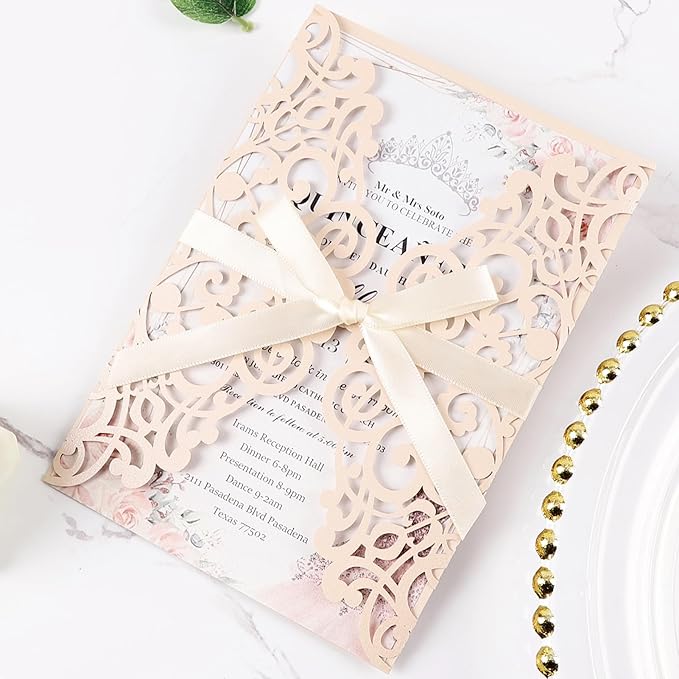 50pcs Blush Pink Wedding Invitations With Envelopes and Rsvp Cards 5x7 Inches Laser Cut Wedding Invitation Pockets for Bridal Shower QuinceañEra Engagement Birthday Invites