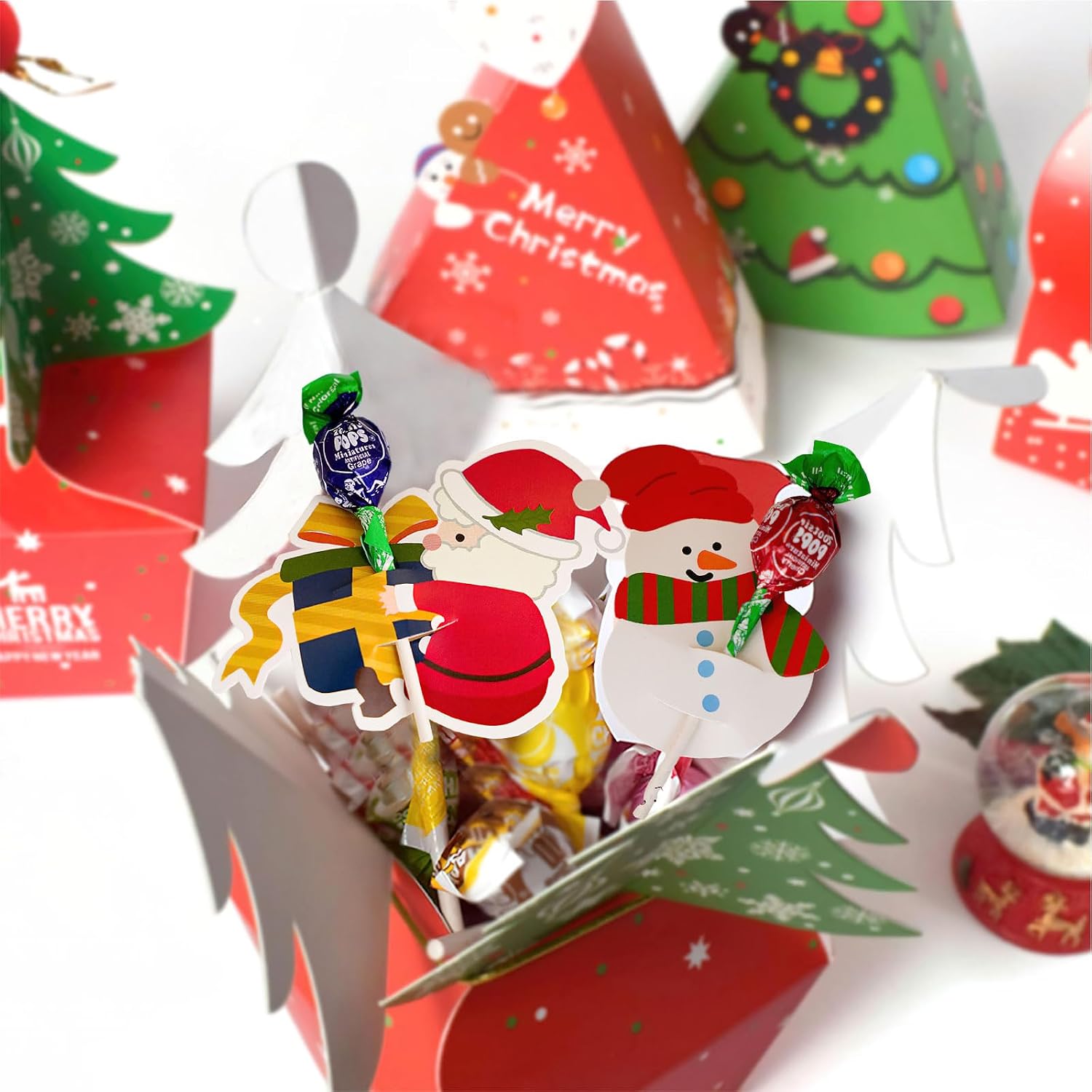 100 Pcs Christmas Lollipop Paper Cards DIY Santa and Snowman Cartoon Paper Candy Holders Lollipop Candy Holder Party Supplies Decorated
