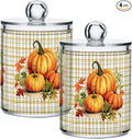 Gredecor 4 Pack Apothecary Jars with Lid Pumpkins Gingham Plaid Qtip Holder Dispenser Storage Containers Clear Plastic Rustic Fall Autumn Thanksgiving Theme Canisters for Bathroom Vanity Organization