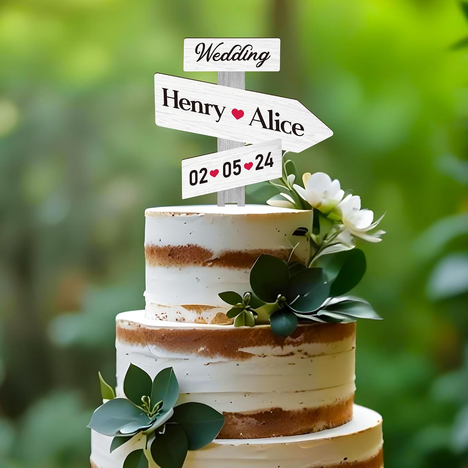 Personalized Rustic Wedding Cake Topper in Wood Custom Bride & Groom Names Initials Wedding Date Cake Decoration (Birch White)