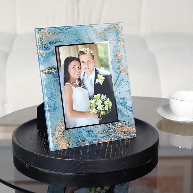 Cuspin 5x7 Blue Picture Frame, Luxury Blue and Gold Glass Wedding Frame 8x10 Marble Decorative Photo Frames for 5x7 Photos, Glamorous Elegant Frame for Tabletop, Gift, Home Office Display