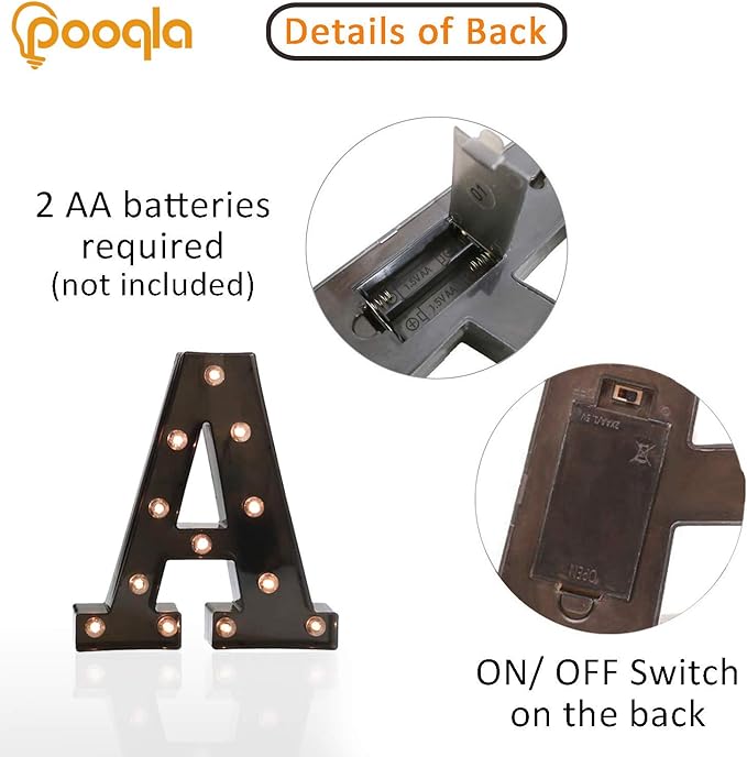 Pooqla Light Up LED Letter Marquee Sign - Alphabet Marquee Letters with Lights for Wedding Birthday Party Christmas Night Light Lamp Home Bar Decoration A, Black