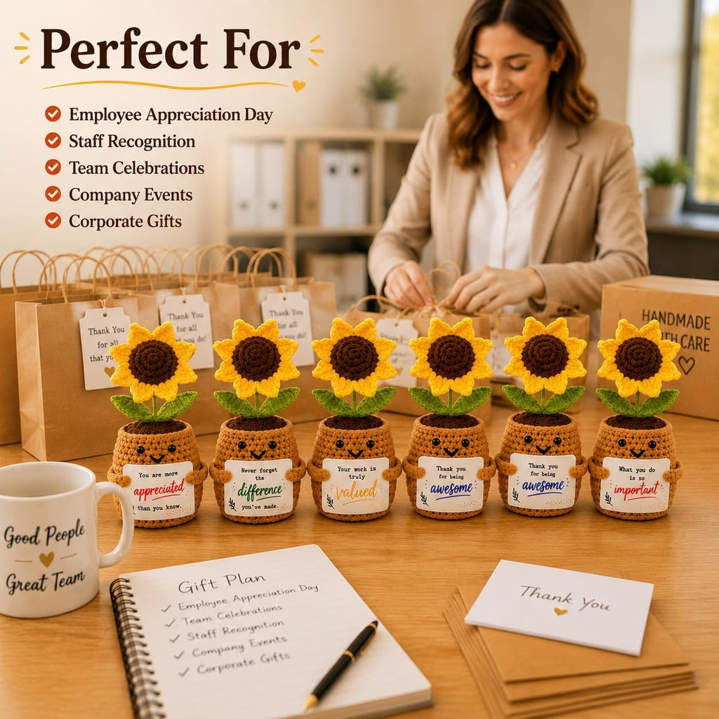 Handmade Positive Sunflower Crochet with Cards - Appreciation Gift for Coworkers, Teachers, Nurses and Friends - Desk Decor