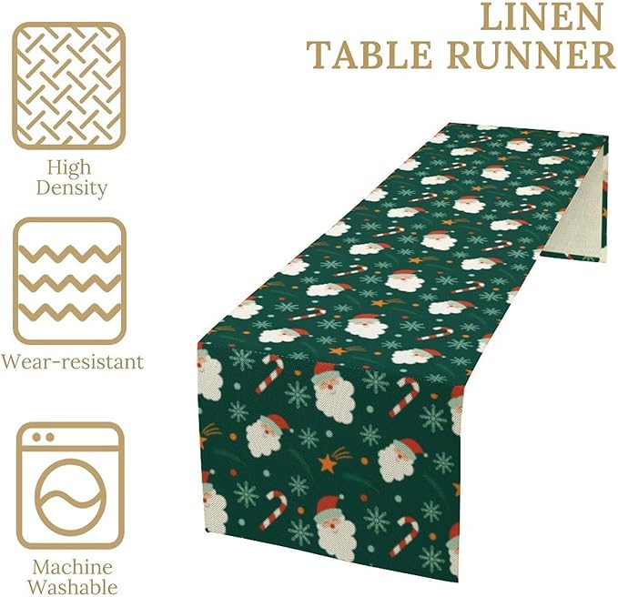 Christmas Table Runner,Seasonal Winter Xmas Holiday Green Table Cloth Kitchen Dining Table Decoration for Home Party Decor 13x36 Inch
