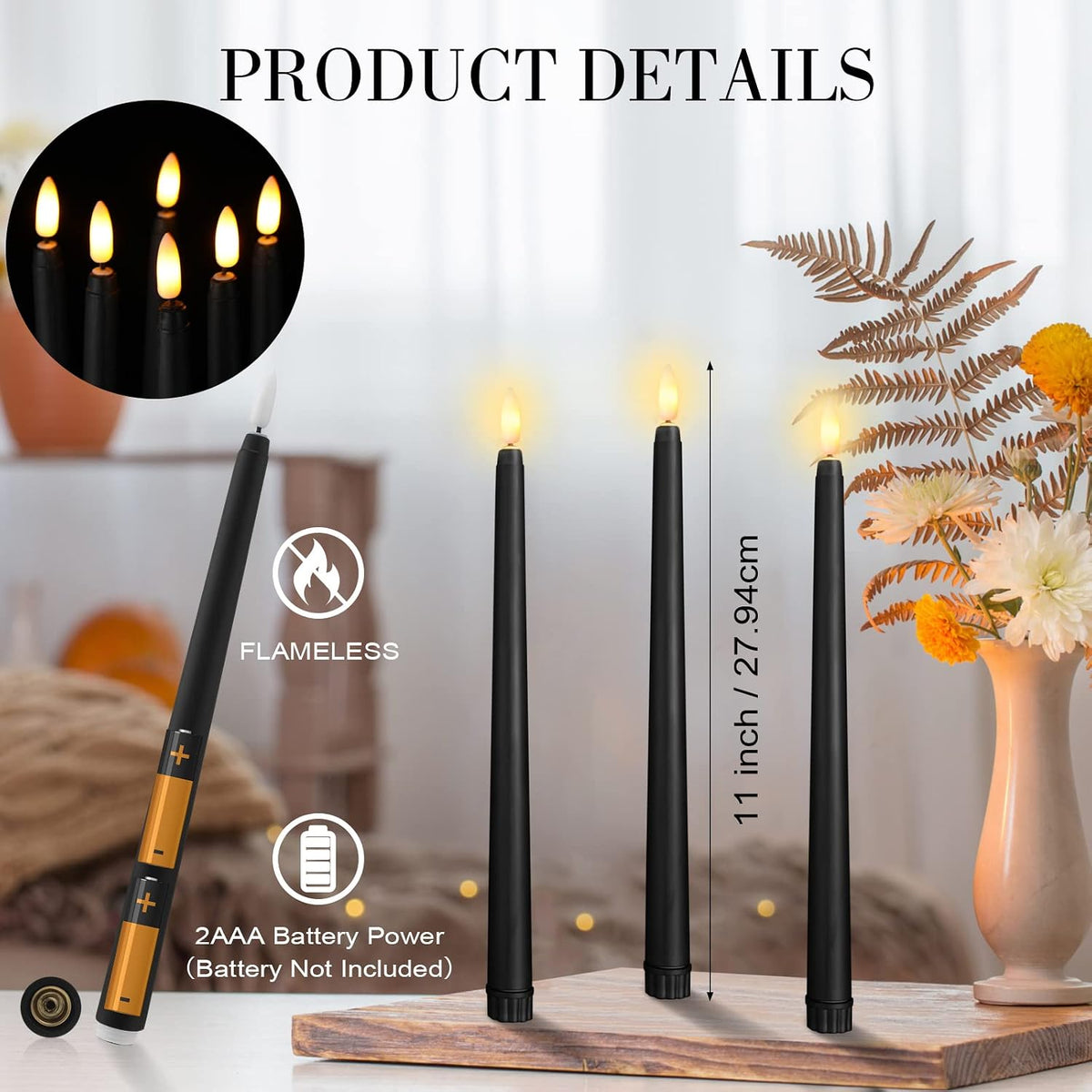 Qunclay 120 Pcs Black Flameless Taper Candles, Battery Operated LED Candles