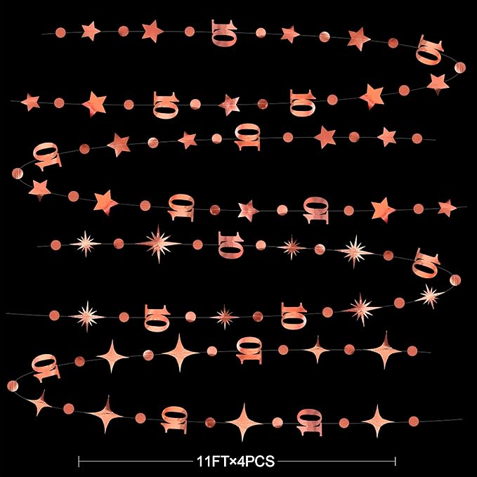 Rose Gold 10th Birthday Decorations Number 10 Circle Dot Twinkle Star Garland Metallic Hanging Streamer Bunting Banner Backdrop for Girls Boys Ten Year Old Birthday 10th Anniversary Party Supplies