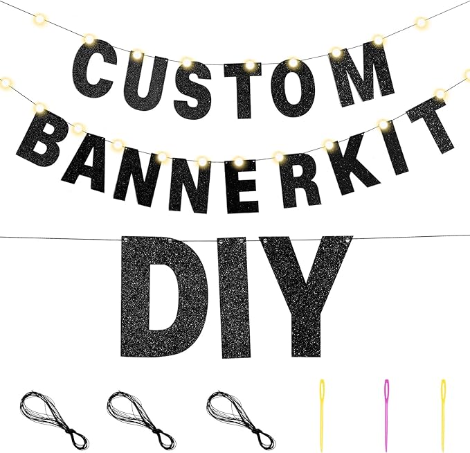 TaoBary 112 Pcs DIY Letter Kit Glitter Customizable Banner Letters Include 107 Letters and Numbers 3 Rope and 2 Needles for Birthday Halloween Christmas Wedding Valentine Party Decor(Black)