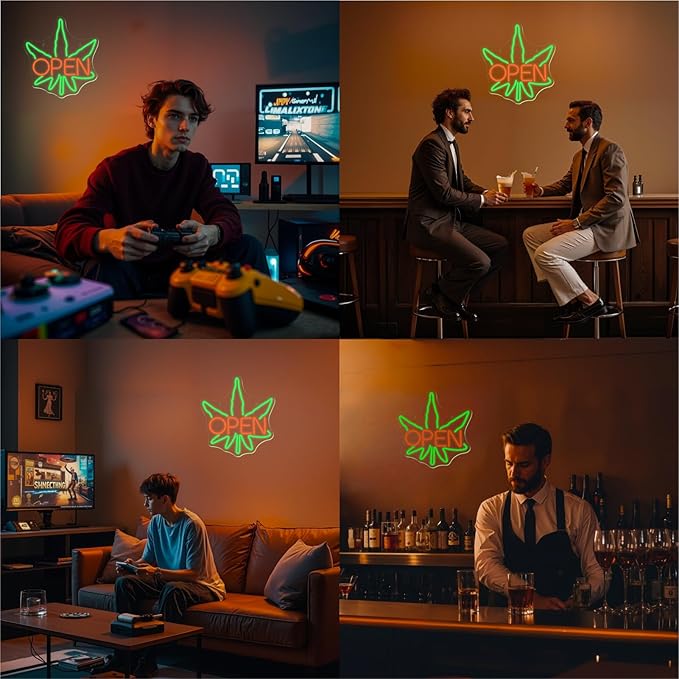 Ineonlife Green Leaves Open Neon Sign USB Dimmable Neon Signs for Wall Decor Psychedelic Led Light for Bar Club Cafe Shop Parties Window Decorations Adjustable Art Green Leaves Light