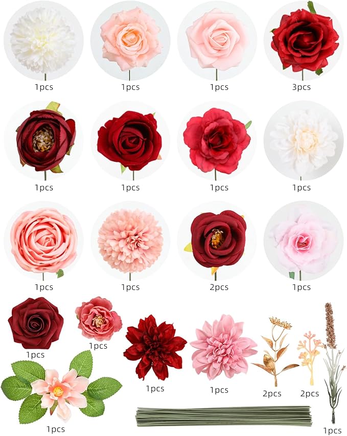 Artificial Flowers Combo, Mix Silk Flowers Roses, Peonies, Dahlias with Stems for DIY Wedding Bridal Bouquets, Baby Shower, Table Centerpieces, Home Decor, Fake Floral Arrangements-Red&Pink