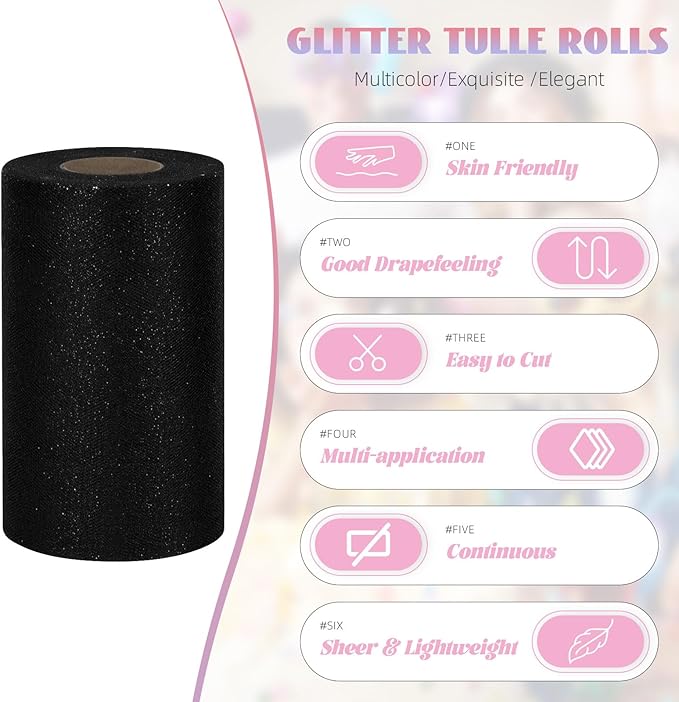 Glitter Tulle Rolls 6” by 50 Yards Sparkle Tulle Fabric Ribbon Sequin Tulle Netting Rolls for DIY Tutu Skirt Wedding Birthday Party Decoration (Black)