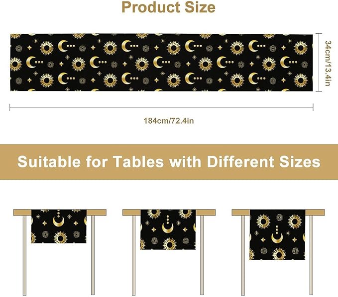 Magic Gold Sun Moon Stars Table Runner Mystical Farmhouse Rustic TableRunner for Party Holiday Dining Room Kitchen 13x90 Inch