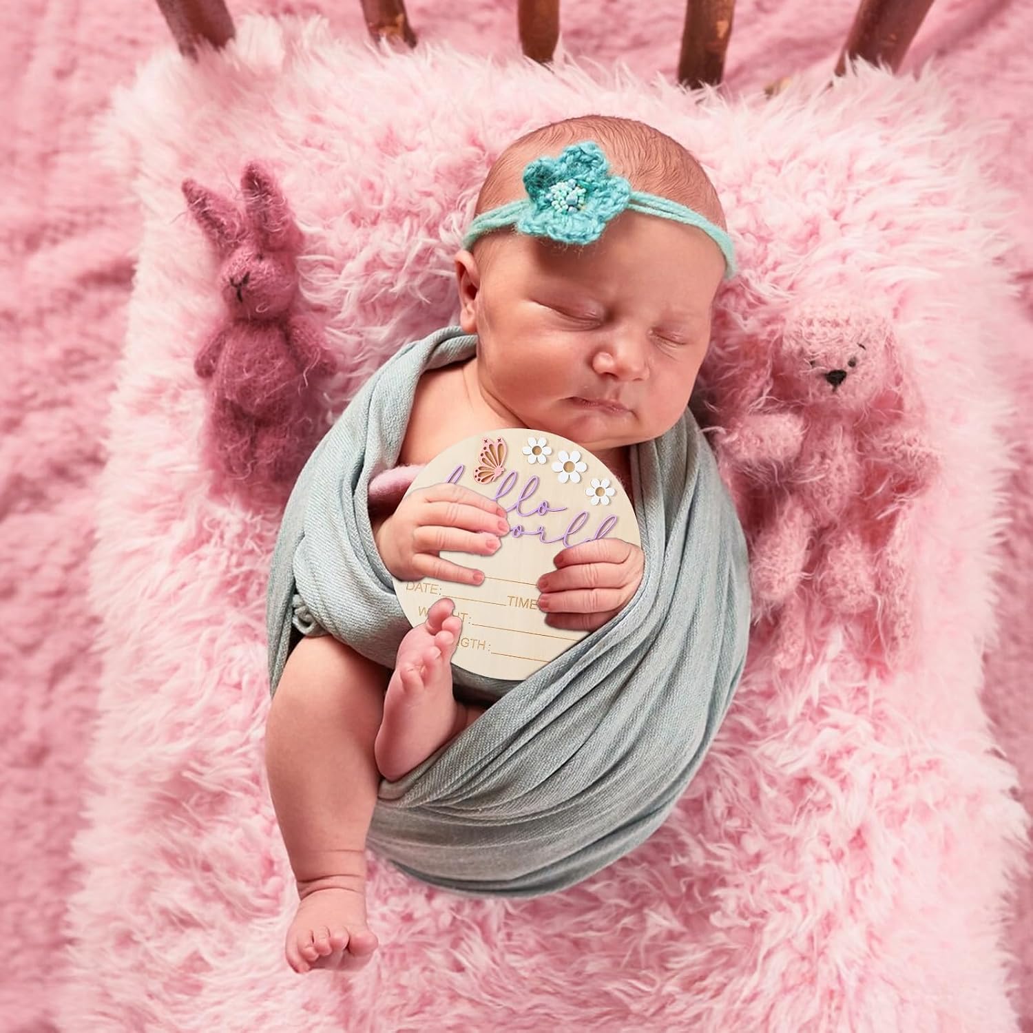 Hello World Newborn Sign, 5.9 Inch Wooden Baby Announcement Sign Pink Butterfly Style Birth Welcome Board for Newborn Boys Girls Photo Props Baby Shower Hospital Nursery (Purple)