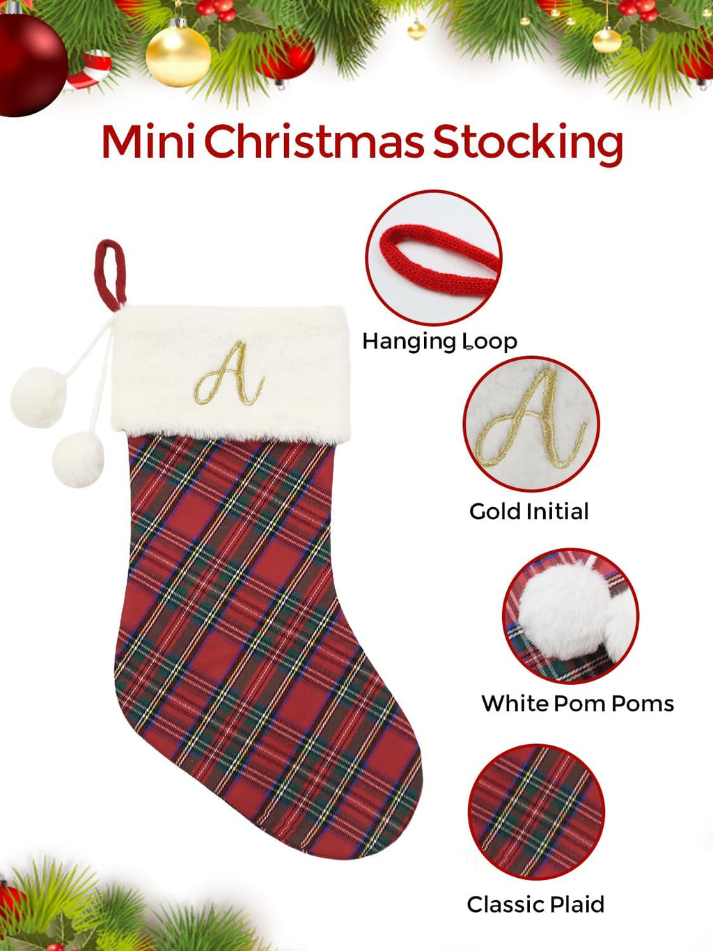20" Classic Plaid Christmas Stockings Initial Monogram Embroidered Stockings with Pom Pom Ball for Christmas Fireplace Decor and Xmas Gift (M)