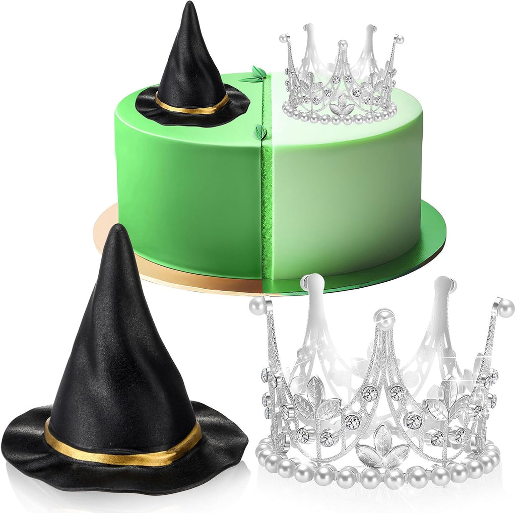 Reallnaive Witch Theme Party Cake Decoration Silver Crown Black Witch Hat Cake Topper Supplies for Movie Theme Party Princess Birthday Pink and Green Celebration Decoration (Cute Crown)