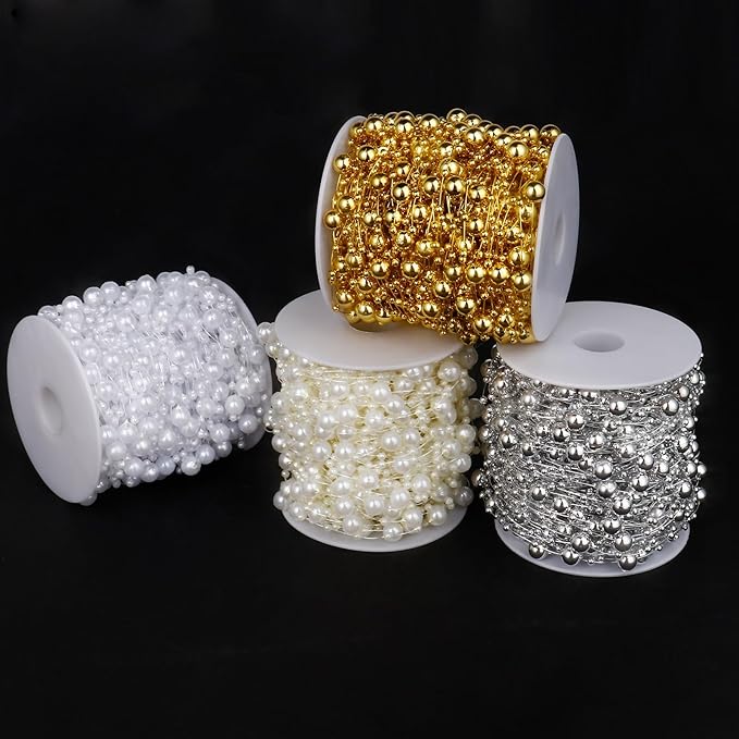 98FT Pearl Beads String Garland, 8mm 3mm Ivory Faux Pearl Beads Roll Strand Bulk for Wedding Party Flower Christmas Decoration DIY Craft