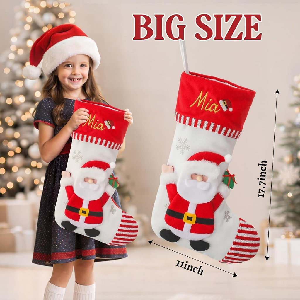 Personalized Christmas Stockings with Embroidered Name & Monogram,Custom 3D Xmas Character Stocking 1 Pack 18” Large,Santa,Snowman & Reindeer Fireplace Hanging Red Burlap Plaid Stockings(A)