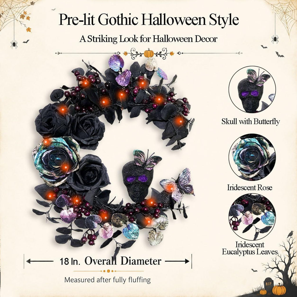 18 inch halloween wreath for front door, iridescent, close-up detail