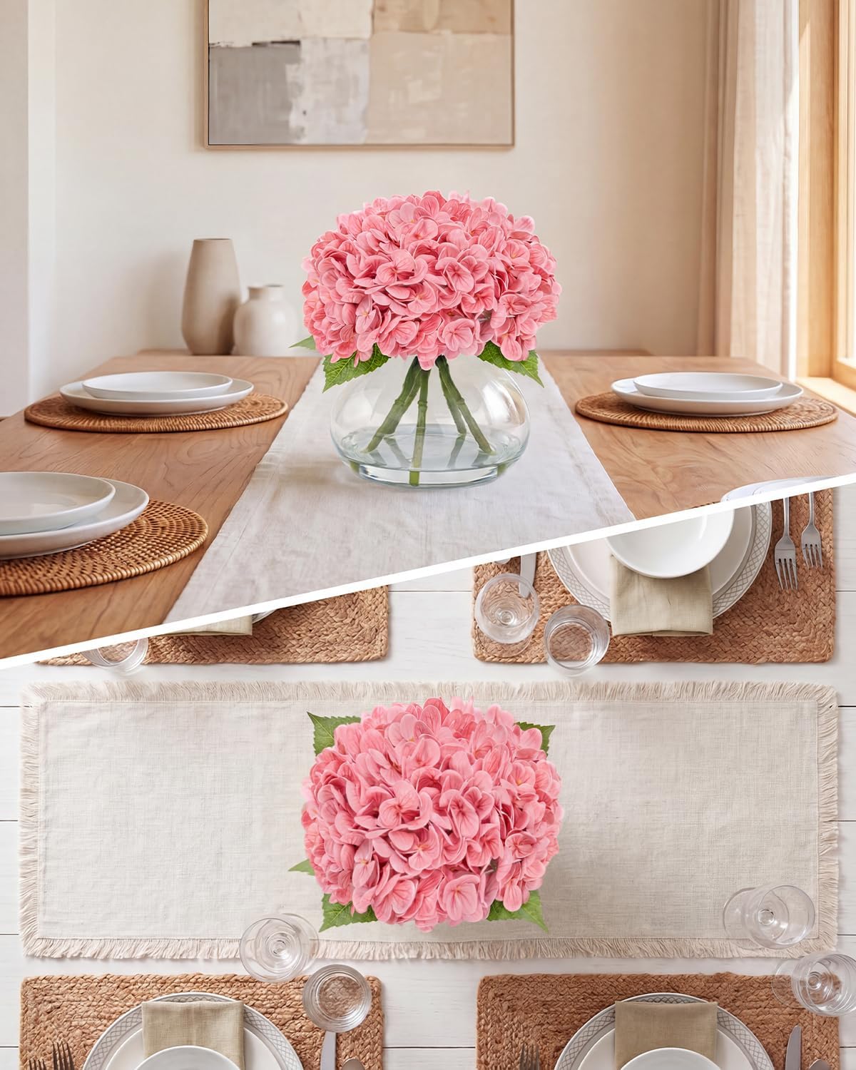 hydrangea artificial flowers with vase, real touch latex, front angle view