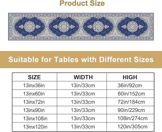 Boho Bohemia Style Dark Blue Table Runner, Country Rustic Farmhouse Magical Abstract Print Pattern for Home Kitchen Table Decor Dining Coffee Room Garden Party Decor 13x120in
