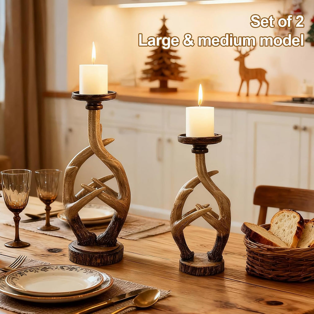 Scenekoy Vintage Antler Candle Holder Set of 2, Large & Medium Farmhouse Candlestick Holders for Table Centerpiece, Pillar Candle Stick Holders Resin Candle Stand for Home Decor Xmas Decorations
