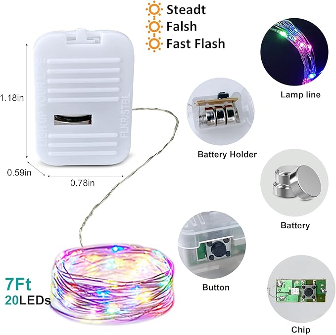 24 Pack Led Fairy Lights - Mutilcolor, Battery Operated LED Silver Wire String Lights, 7FT 20LED Mini Firefly Starry String Lights Waterproof Led Twinkle Lights for Mason Jar DIY Christmas Decor