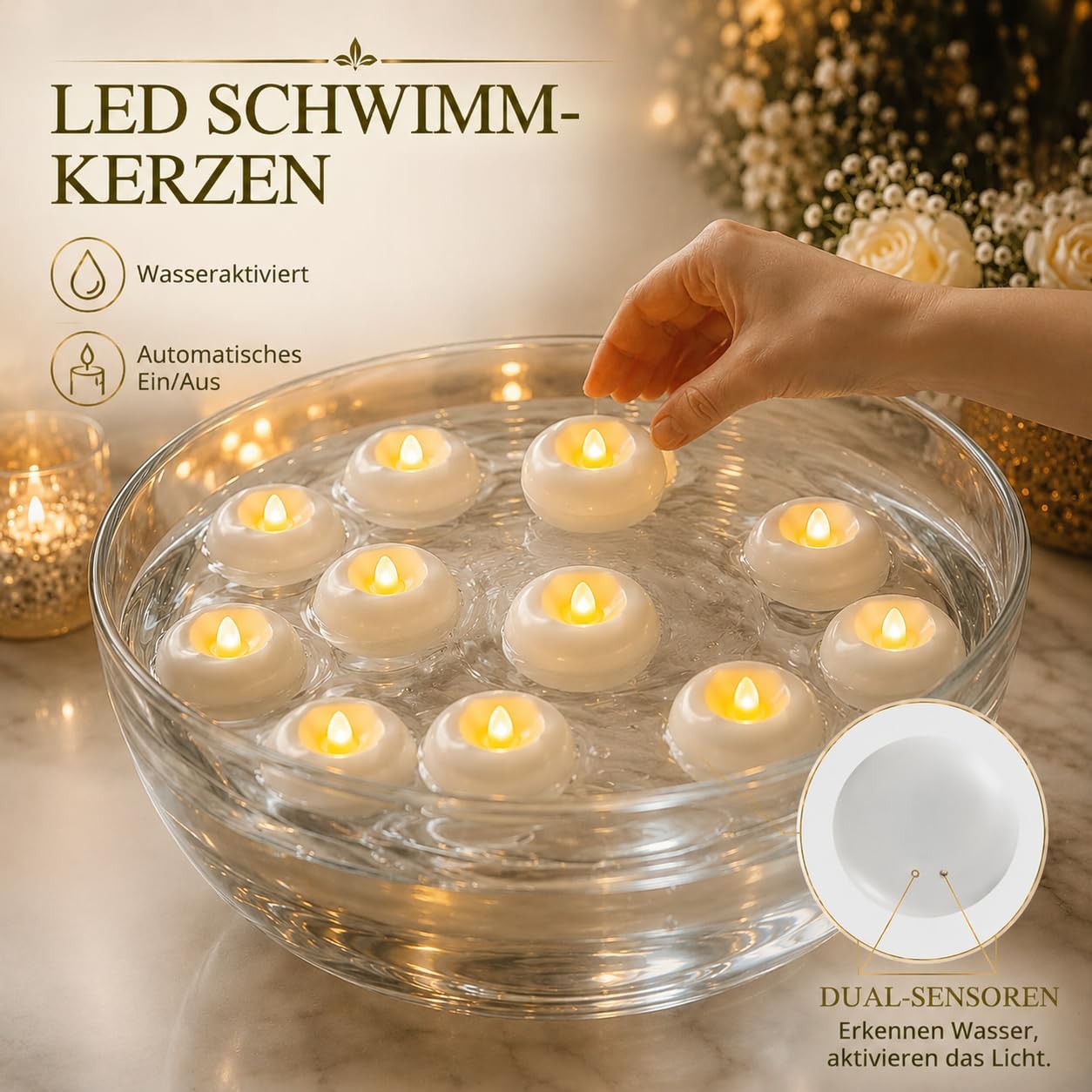 12 Pack 2.3” Flameless LED Floating Candles, Water-Activated Battery Operated Floating Candle with180+ Hours Runtime for Cylindrical Vase, Pool, Fountain - Ideal for Wedding, Party Decoration