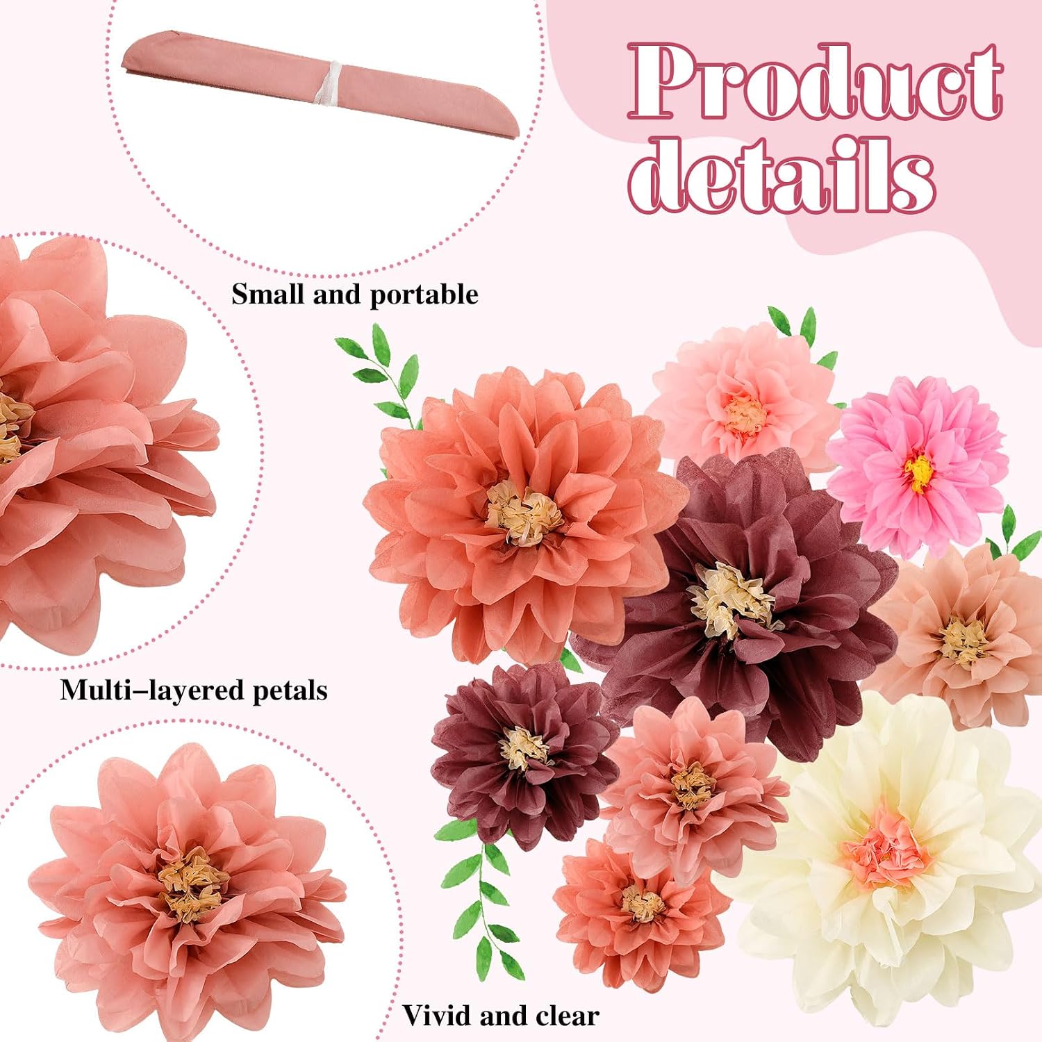 Geyee 18 Pcs Mexican Paper Flowers Colorful Fiesta Tissue Paper Flowers Pom Poms Mexican Carnival for Floral Party Backdrop Wedding Birthday Party Craft, 6" 8" 10"(Vintage Color)