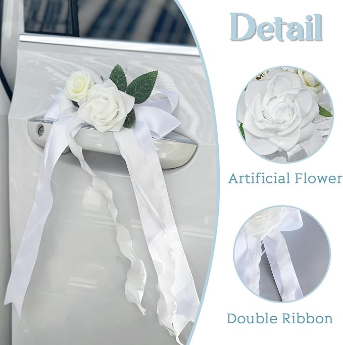 4PCS Wedding Car Door Handle Decorative Flowers, White Artificial Cars Bouquet Flower Bowknot Ribbon Decor, Just Married Automotive Decorations Accessories for Door Handles