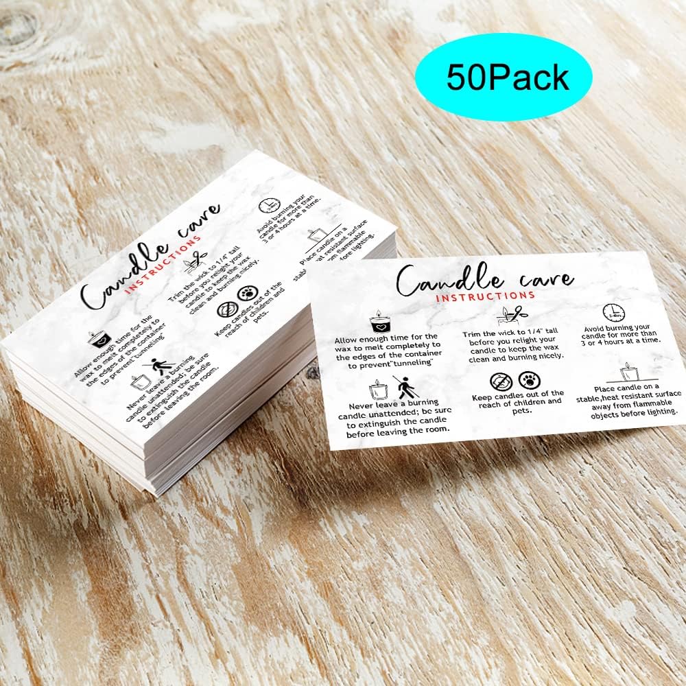 Handmade Candle Care Instruction Card, Candle Care Instruction Card, 3.5 x 2 inches for Handmade Candle Makers Soy Bees Wax Coconut Essential Oils, 50 Pack(Marble Look Design)