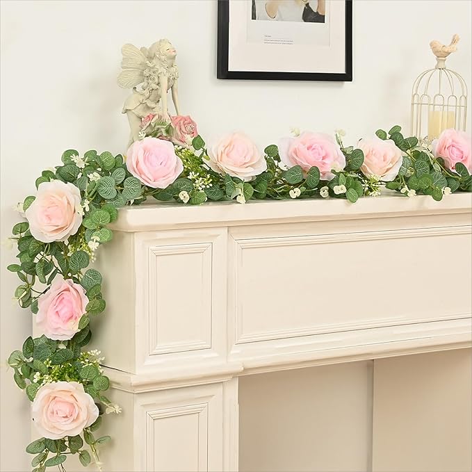 Dolicer 2Pcs 13Ft Artificial Eucalyptus Garlands with Flowers - 8 Roses, Faux Floral Greenery Garlands Fake Flowers Vines for Wedding Table Centerpieces Arch Party Ceremony Backdrop Decor (Pink)