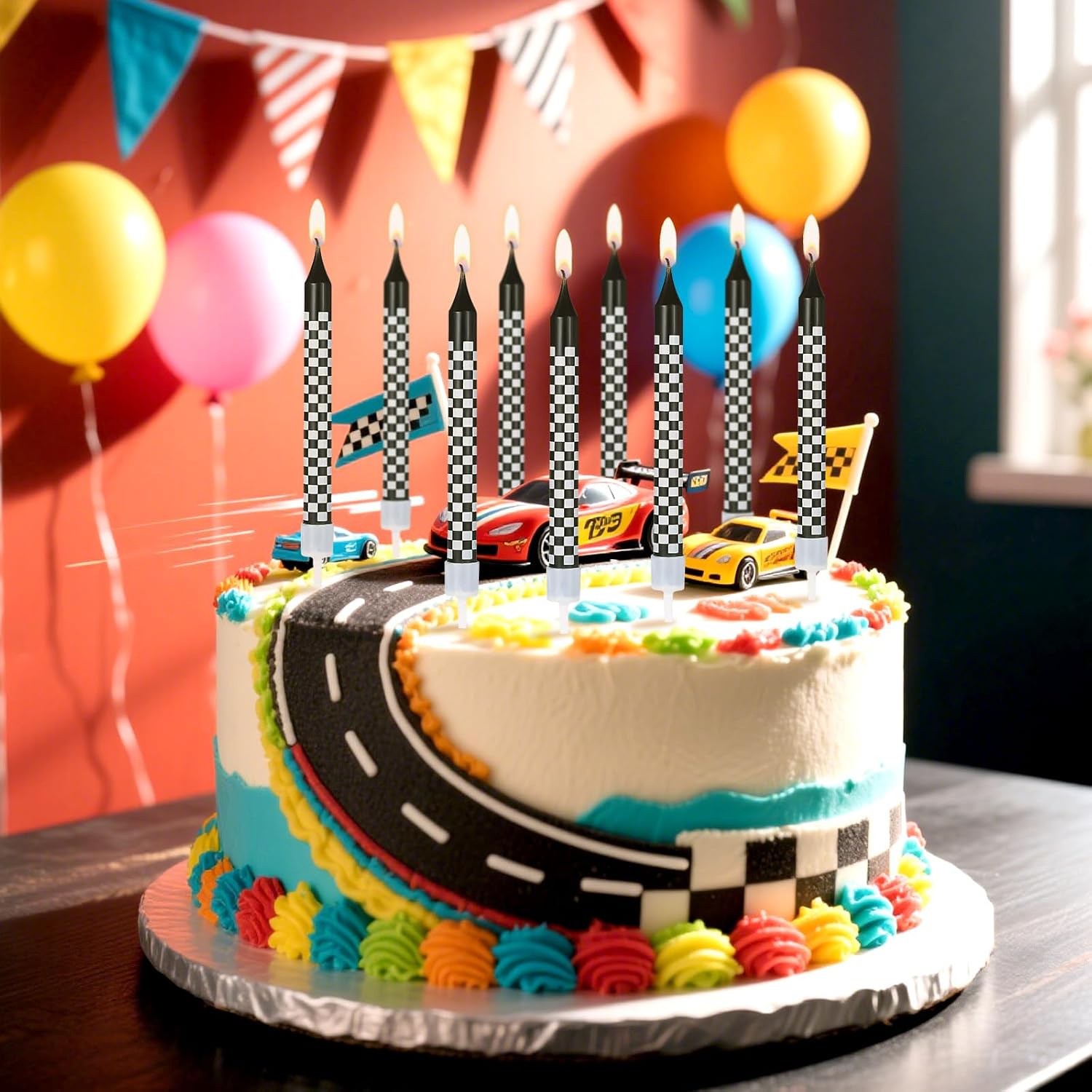 12Pcs Race Car Birthday Candles Cake Topper for Birthday Party Decorations | Black and White Checkered Flag Themed Cupcake Topper for Racing Birthday Decorations Party Supplies