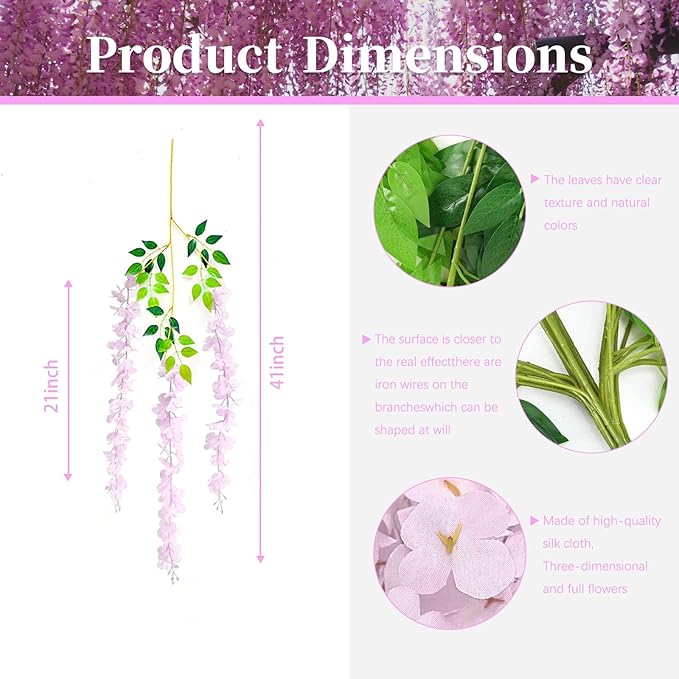 12 Pack Pink Wisteria Hanging Flowers, 3.44 Ft Fake Hanging Flowers, Artificial Wisteria Garland Vines for Wedding Room Backdrop Outdoor Patio Garden Decoration
